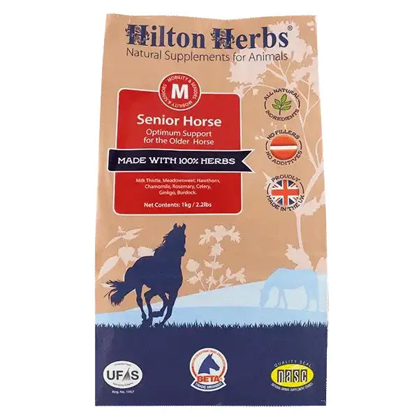 Hilton herbs senior horse supplement package with beige and navy blue design featuring a horse silhouette for veteran horse supplements