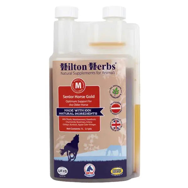Hilton herbs senior horse gold supplement in clear plastic bottle with white cap and beige label showing blue horse silhouette