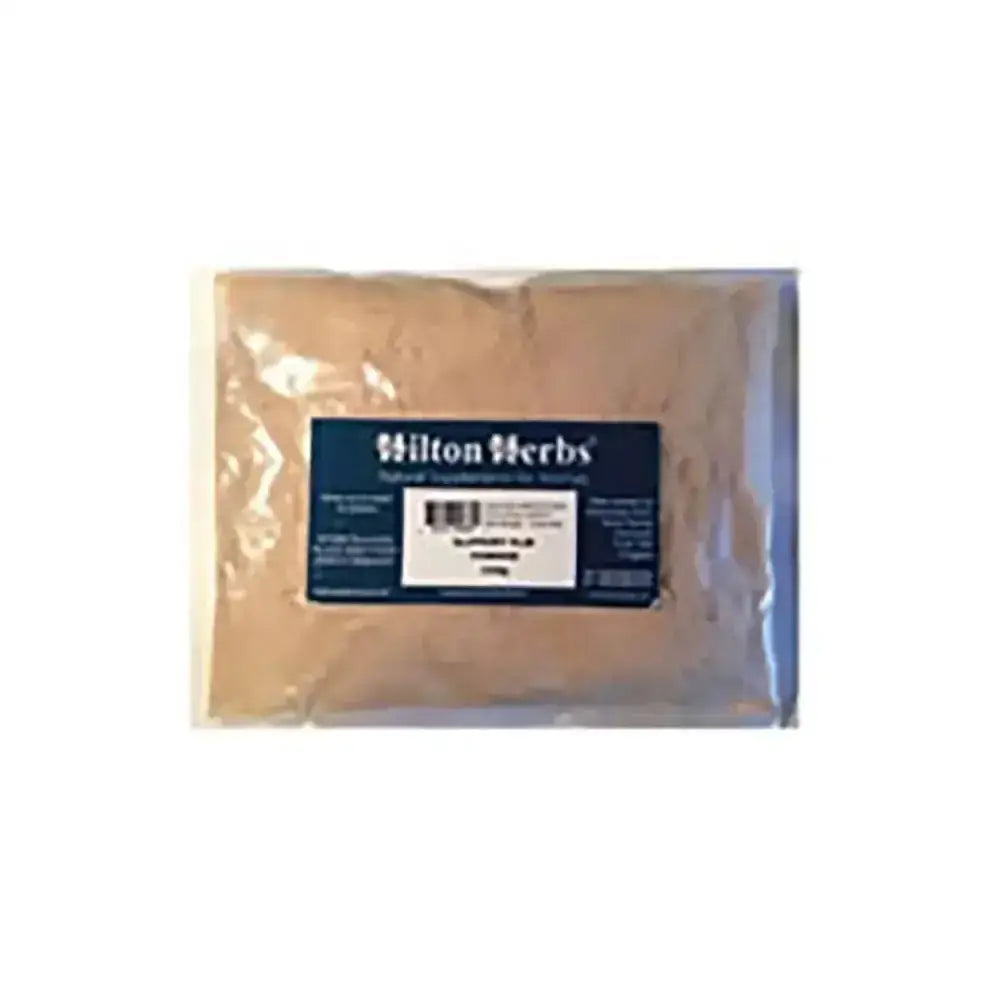 A clear plastic bag of light brown slippery elm powder from hilton herbs slippery for horses