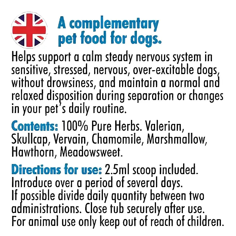 A blue and white labeled hilton herbs tranquillity tub for dogs with union jack logo for calming hyperactive pets