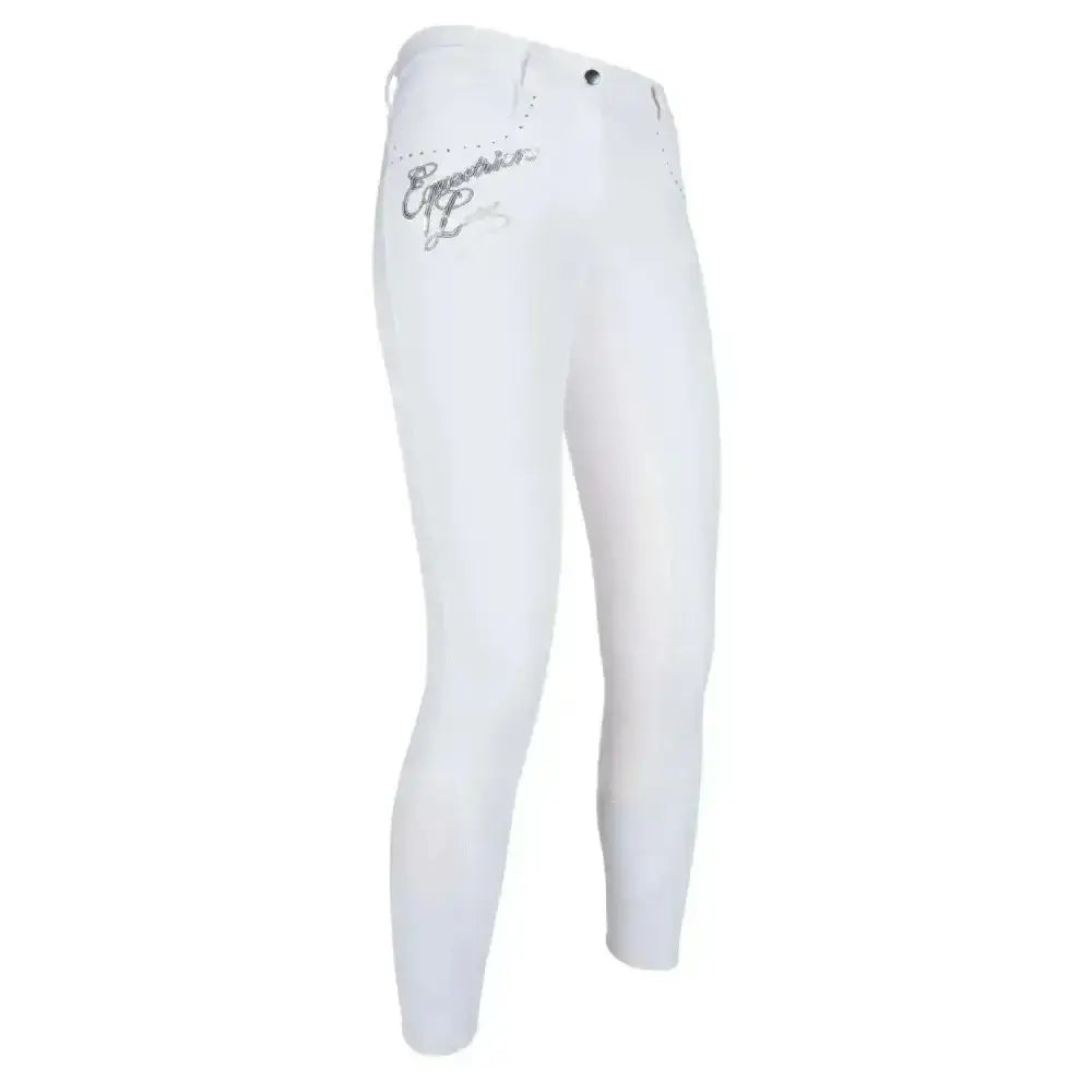 White hkm competition riding breeches with subtle embroidered logo and leather-zip rear-elastic for show use