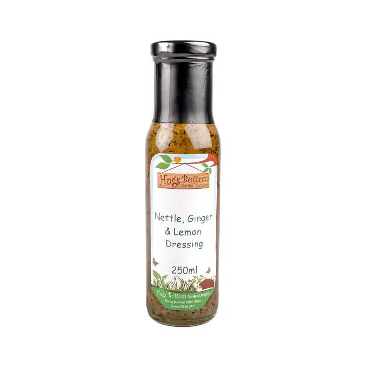 Hoggs bottom nettle ginger and lemon dressing 250ml in a clear bottle with green botanical label perfect lemon dressing 250ml