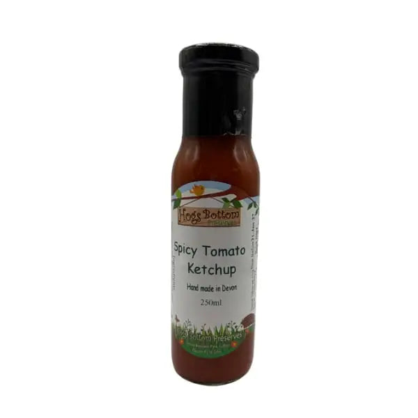 A 250ml bottle of hogs bottom spicy tomato ketchup with a black cap and grassy label for smokin jones bbq fans