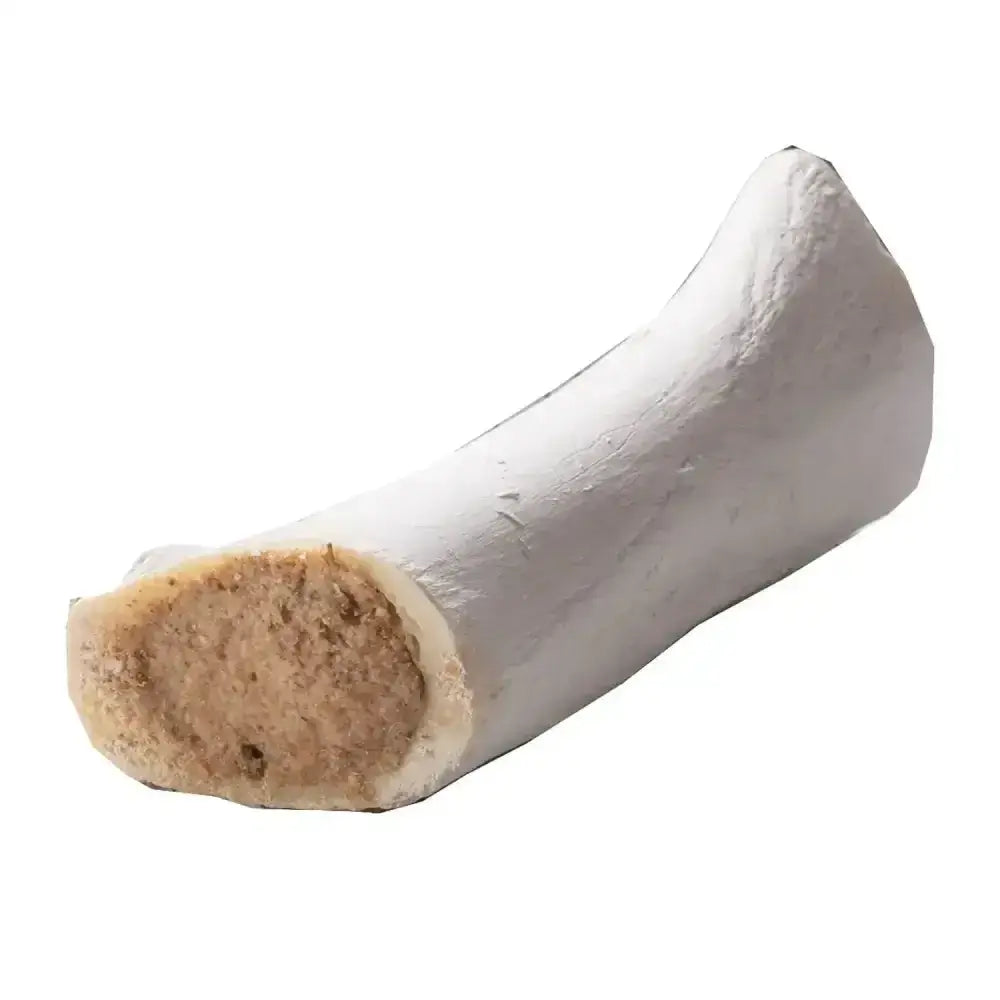White hollings filled bone dog chew toy with delicious venison filling and textured air dried beige interior