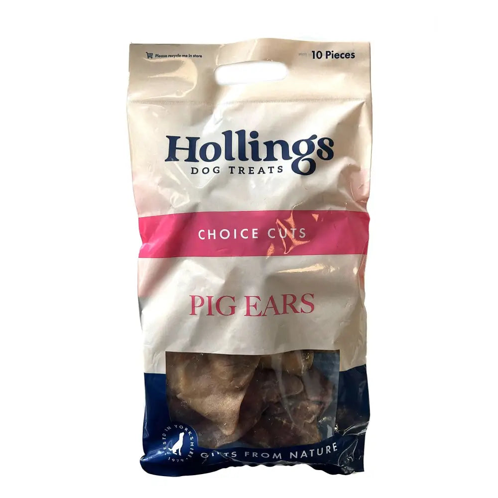 Hollings pig ears air dried pig ear dog treats in clear bag with pink and navy blue branding longer lasting chews
