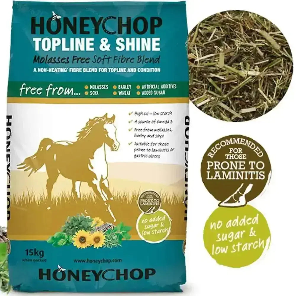 Honeychop topline and shine horse feed 15kg teal and gold bag molasses-free soft fibre blend popular free from