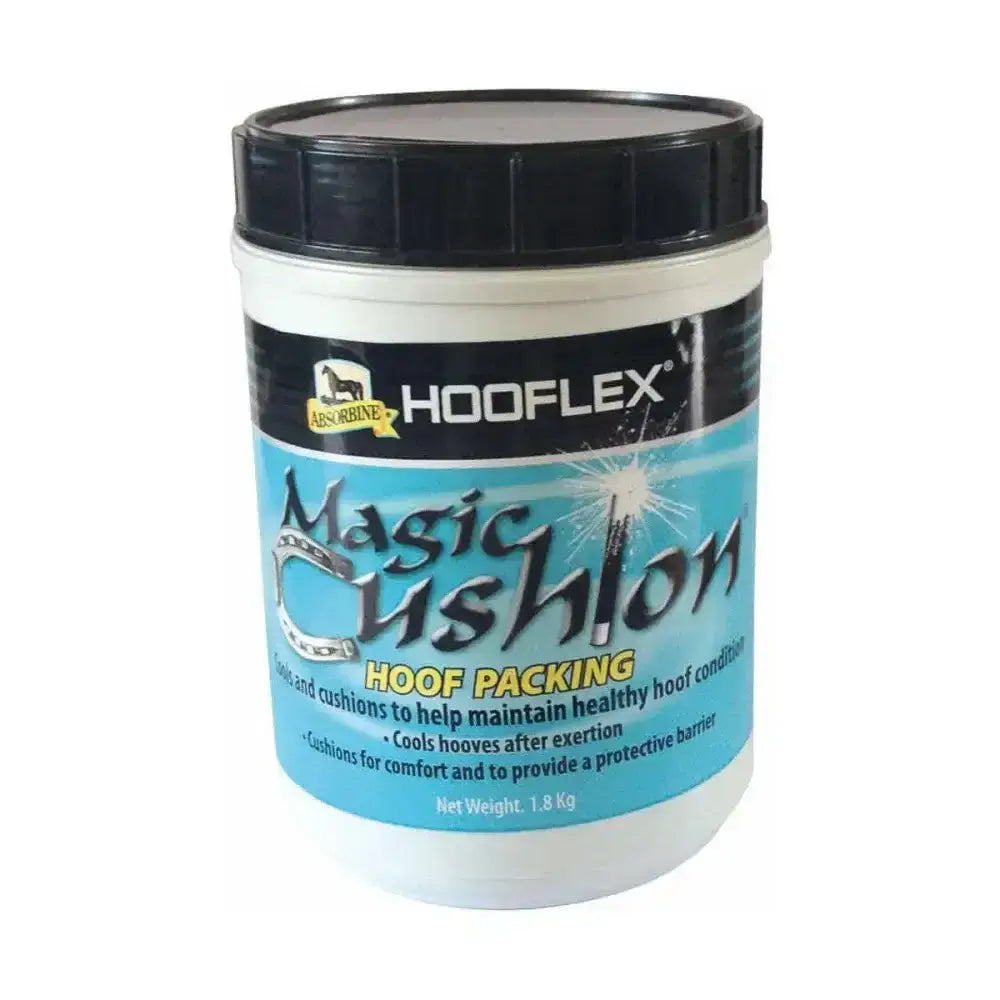 White plastic container with black lid and blue label of hooflex magic cushion support hoof health packing product