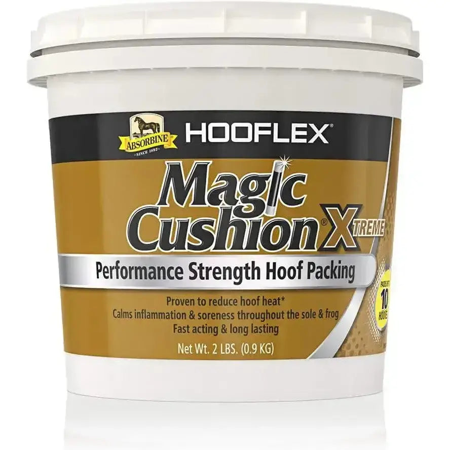 White plastic tub of absorbine hooflex magic cushion xtreme performance strength hoof packing for horses
