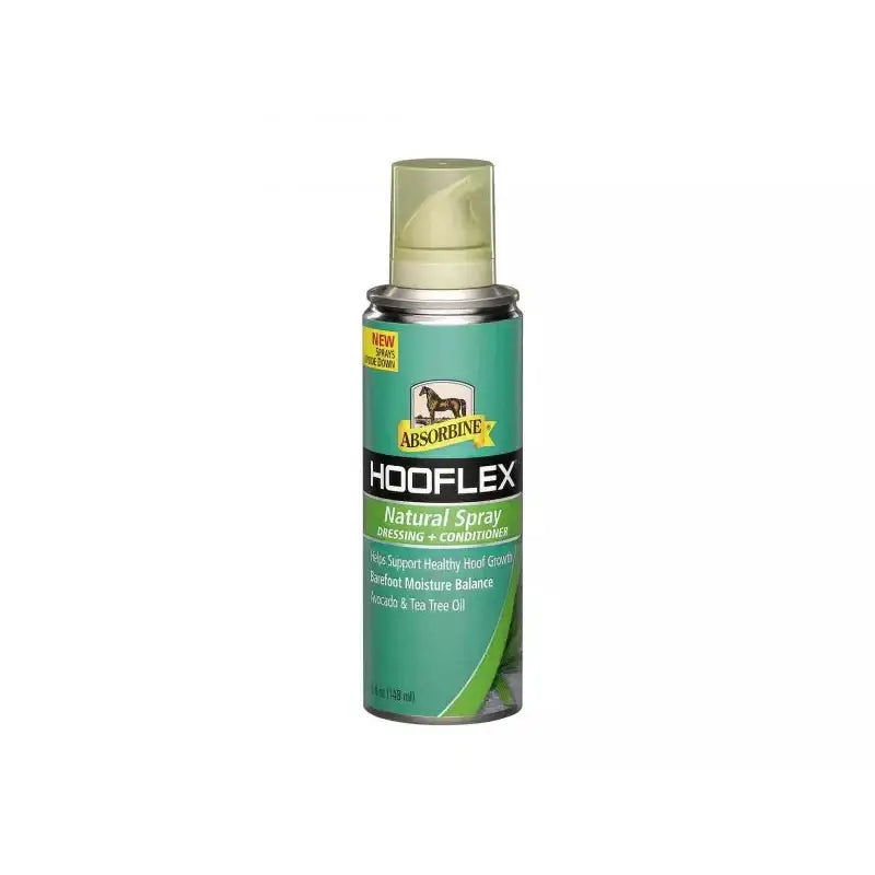 Teal hooflex natural dressing quiet non aerosol spray can with light green pump nozzle and silver metallic cap