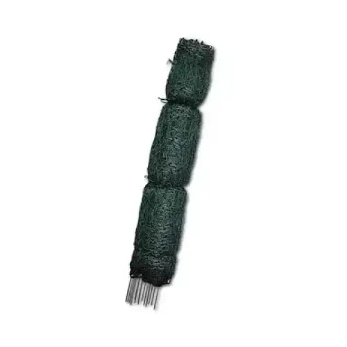 Dark green woven mesh garden edging with metal spikes in horizont electrifiable moulded poultry net 25m x 110cm with fibreglass posts