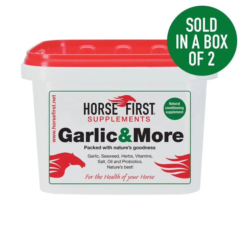 White plastic container with red lid of horse first supplements garlic and more featuring a powerful unique blend for horse health