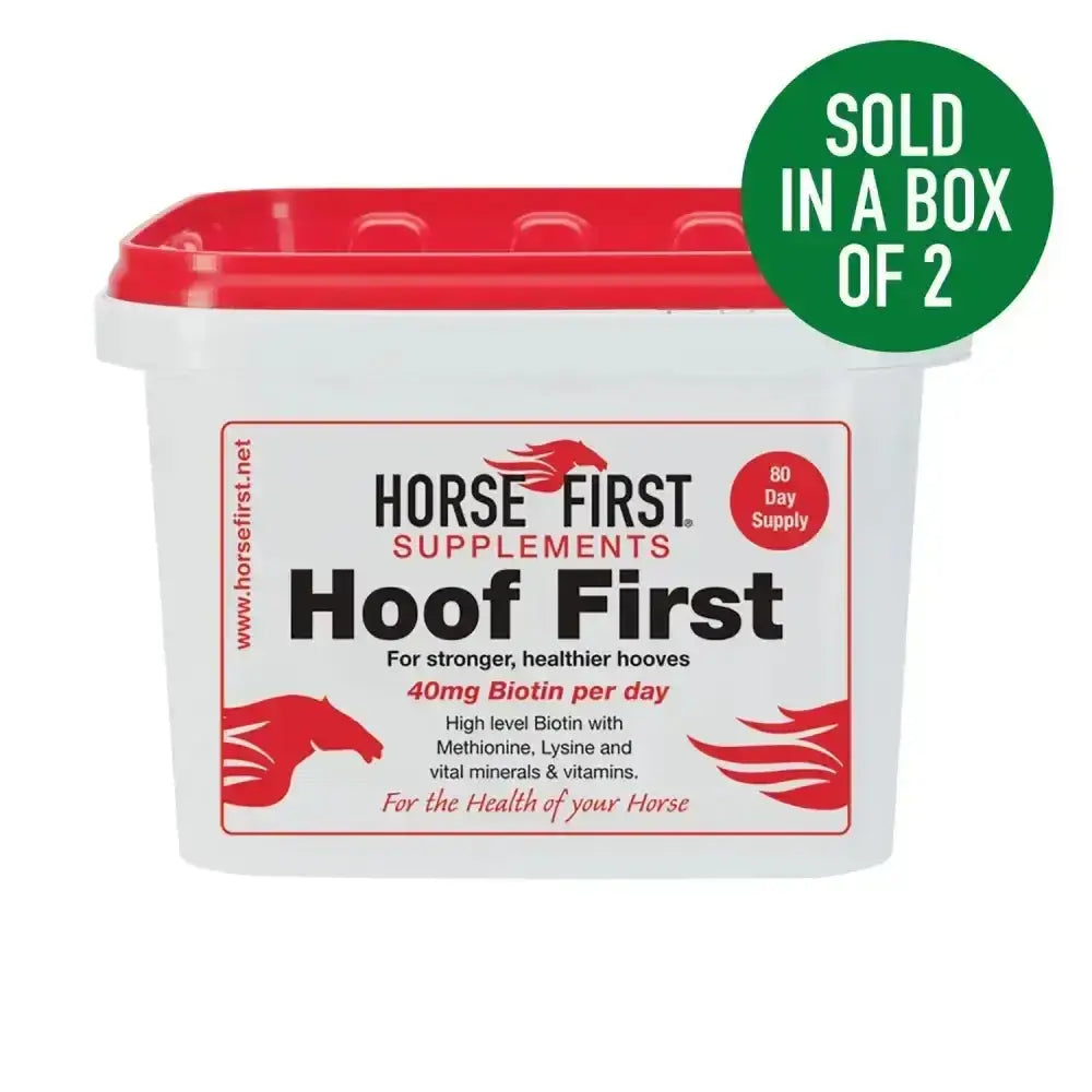 White plastic container with red lid of horse first supplements hoof first featuring high strength biotin for hoof health