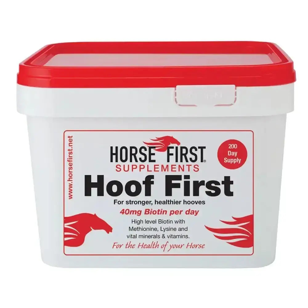 White plastic container with red lid of horse first hoof first supplement featuring high strength biotin for hoof care