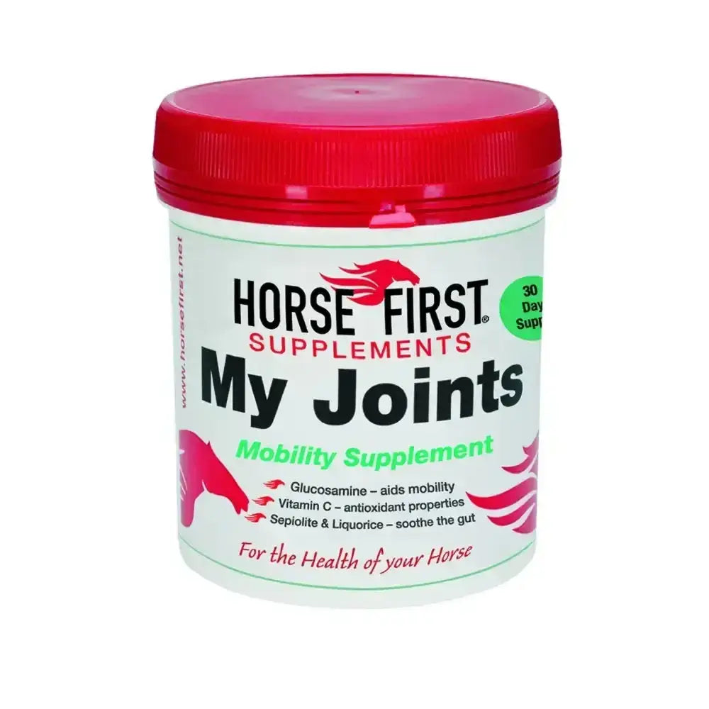 White cylindrical container with red lid labeled horse first supplements my joints high-specification mobility supplement