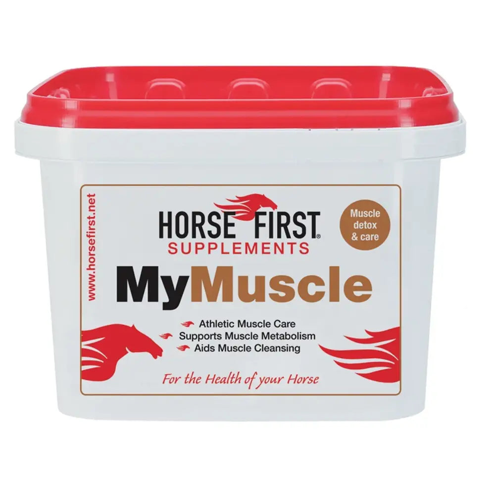 White plastic tub with red lid labeled horse first supplements mymuscle designed to aid muscle tissue with high levels of anti-oxidant vitamins