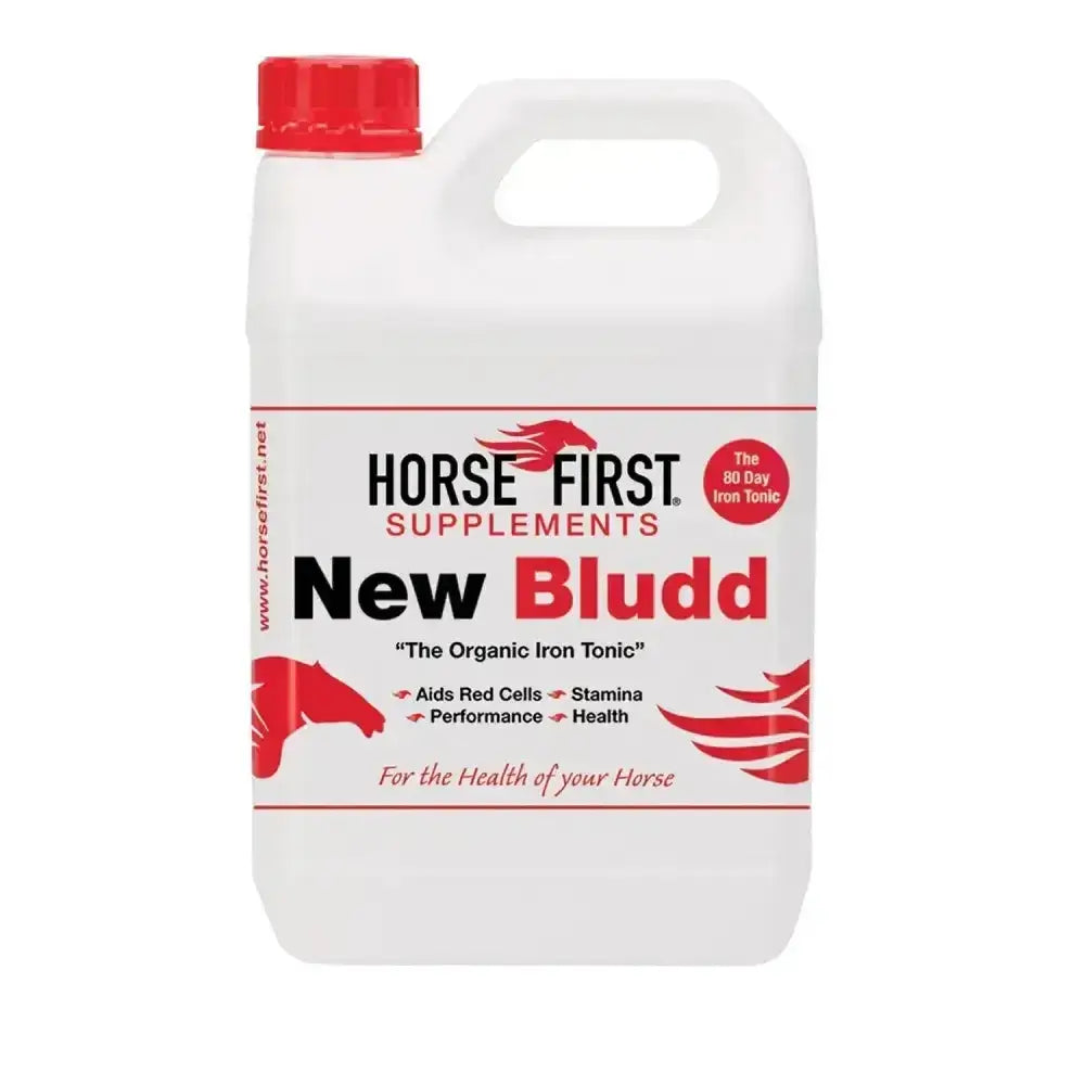White plastic jug with red cap and horse first supplements label for bludd iron tonic supporting healthy athletic blood levels