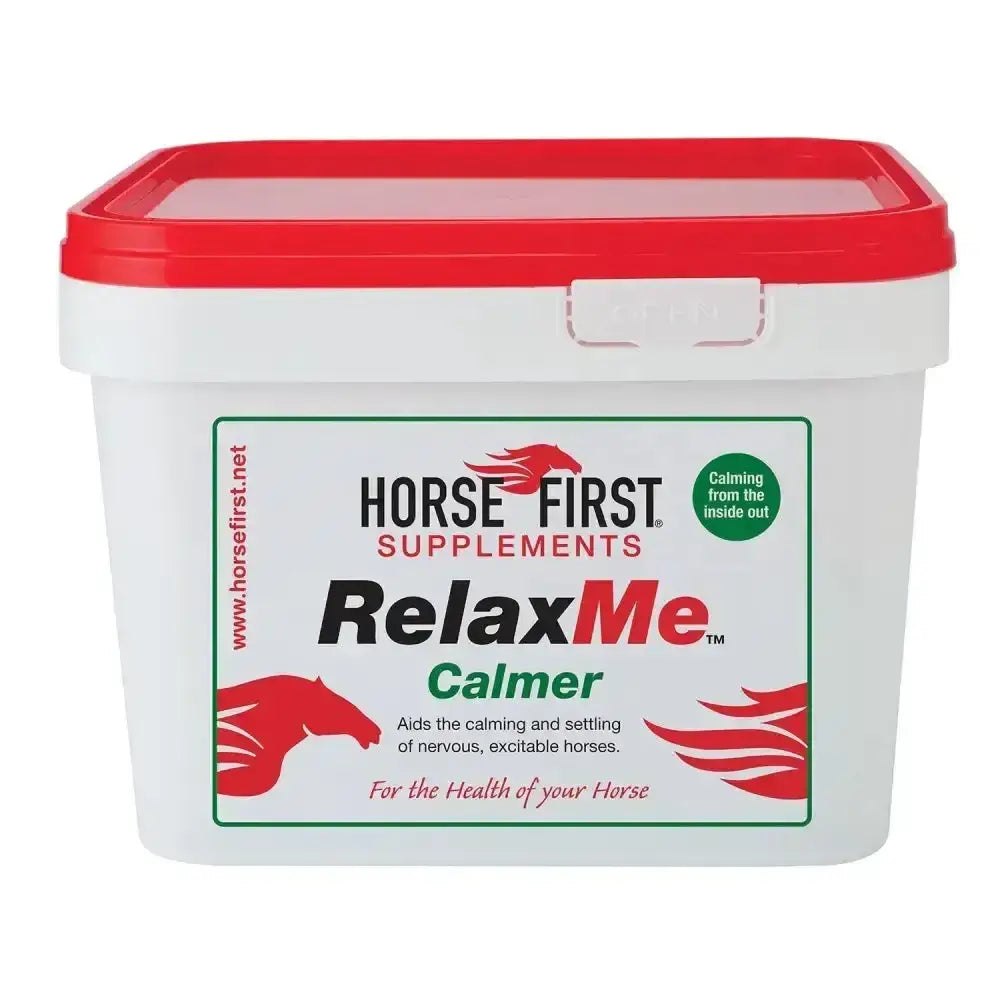 White plastic bucket with red lid featuring horse first supplements relaxme calmer double action formula combines magnesium