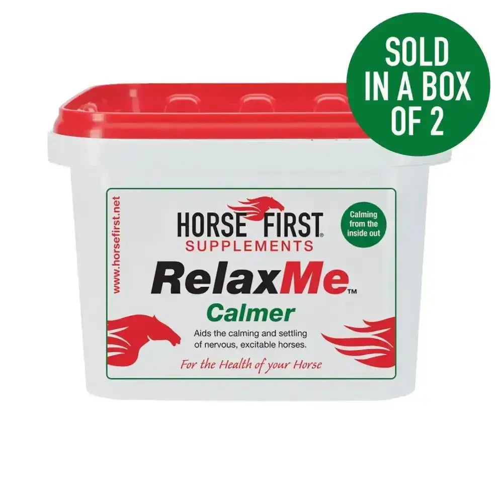 White plastic container with red lid of horse first relax me calmer supplement with unique double action formula for horses