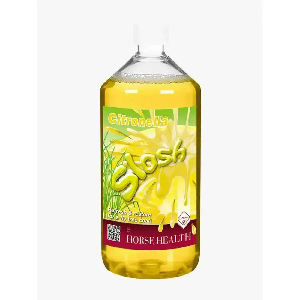 A clear plastic bottle of yellow horse health citronella slosh ideal summer non-rinse wash for a fly-free coat