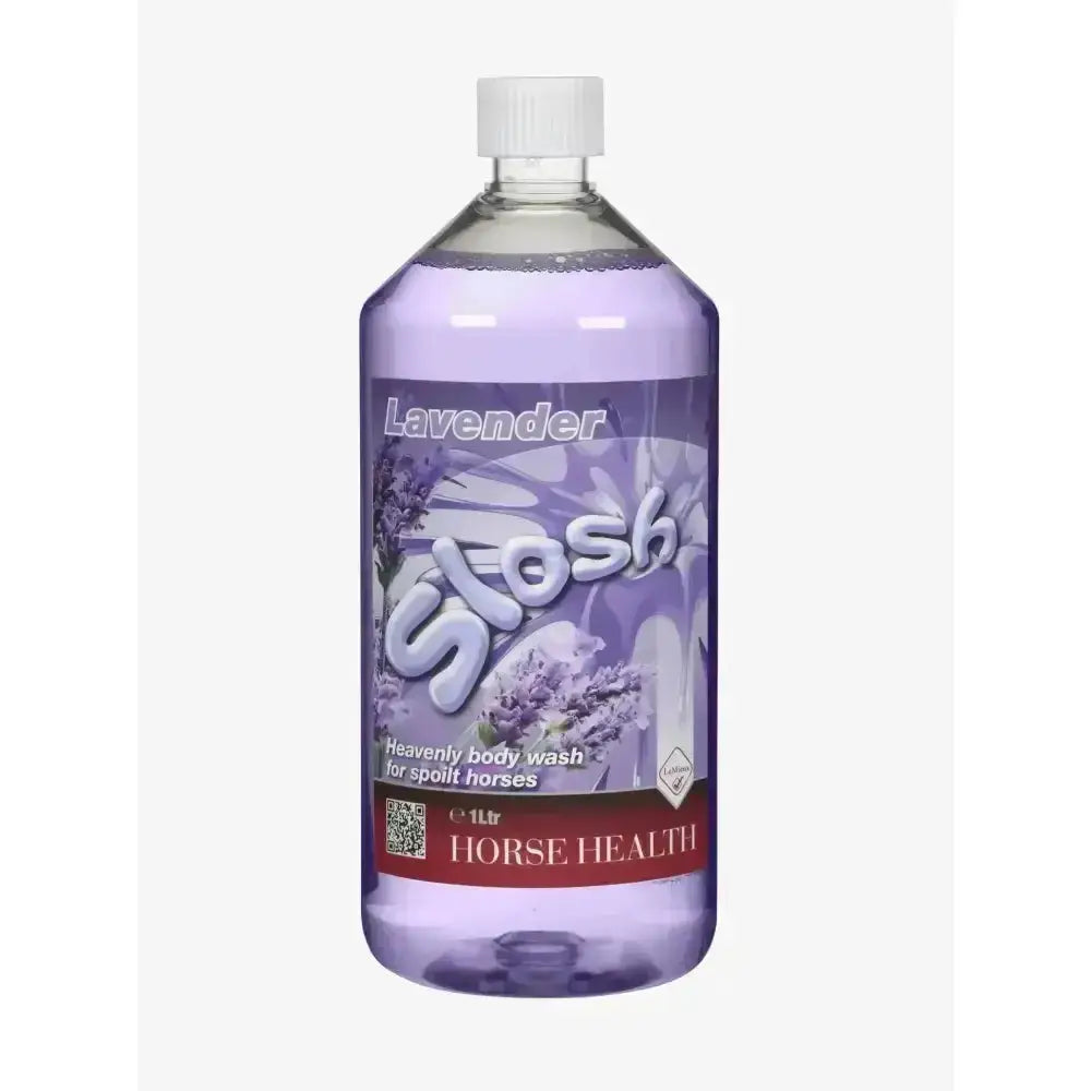 A clear 1-liter bottle of horse health lavender slosh body wash with a white cap and a purple floral label