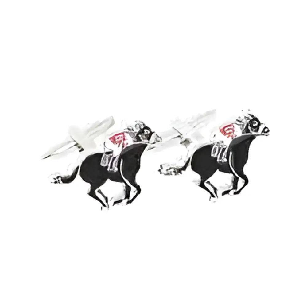 Silver horse racing equestrian cufflinks with black horses and jockeys in red and white silks for race day style