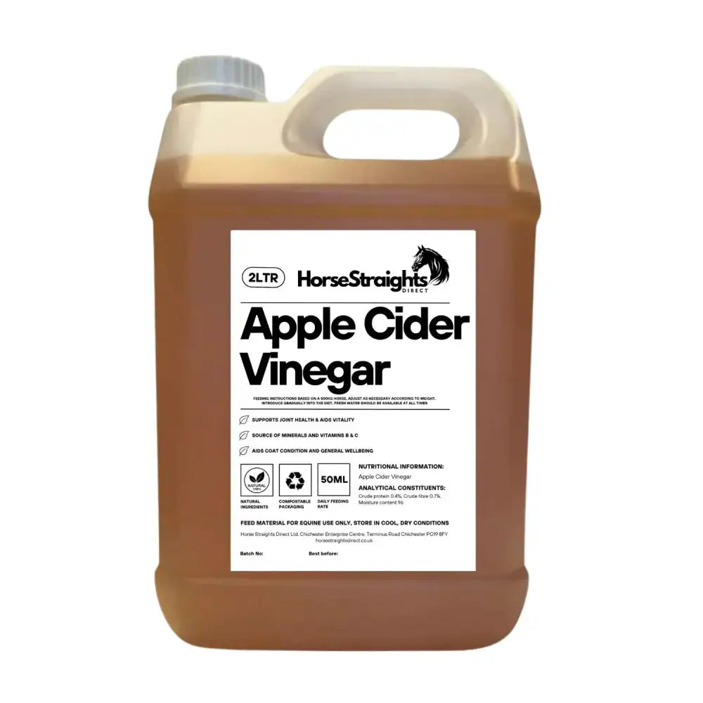 A 2-liter jug of horse straights direct apple cider vinegar with a white label black text and horse logo