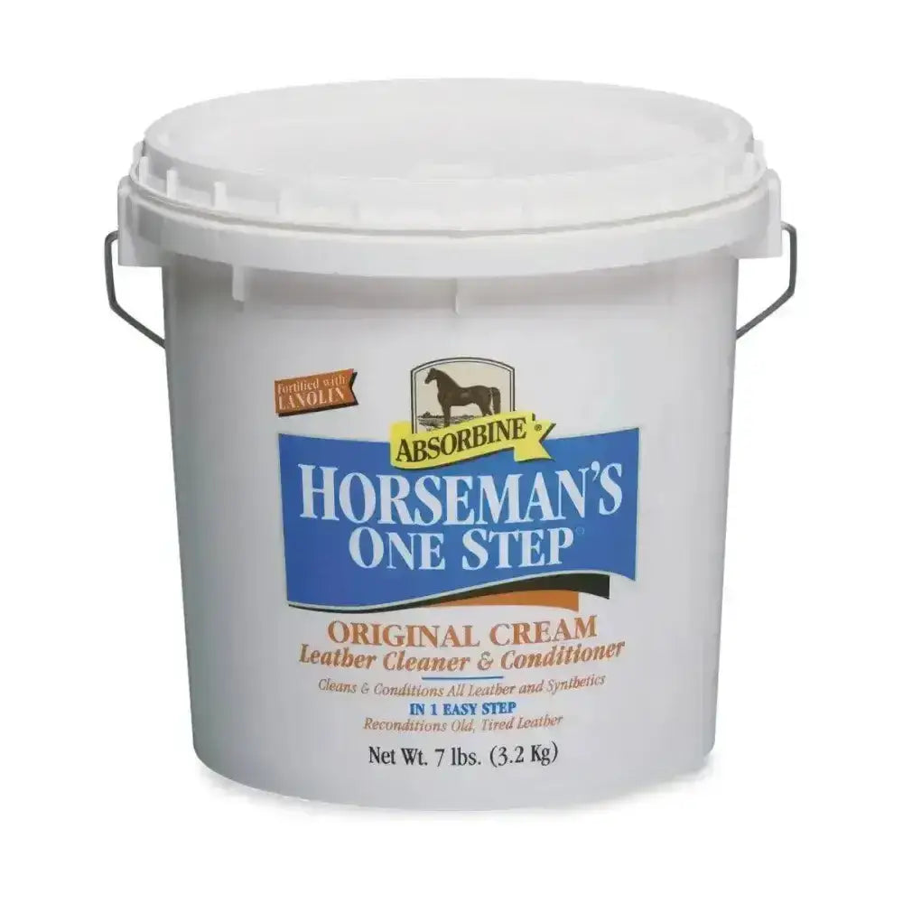 White plastic bucket with metal handles labeled absorbine horsemans one step original cream leather cleaner & conditioner