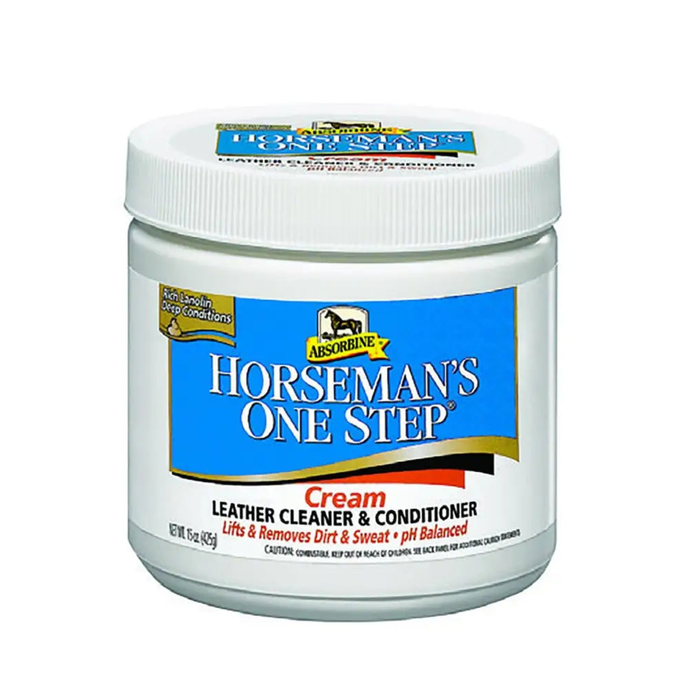 White plastic jar of absorbine horsemans one step cream leather cleaner and conditioner with blue and gold label