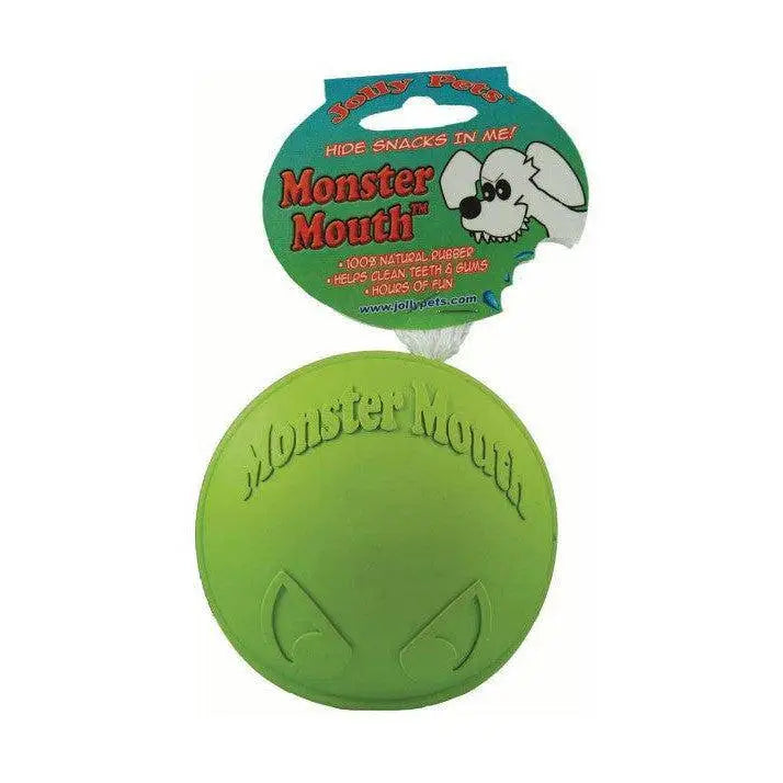 Green circular fun treat holder made of 100 percent natural rubber with monster mouth text by horsemen’s pride monster
