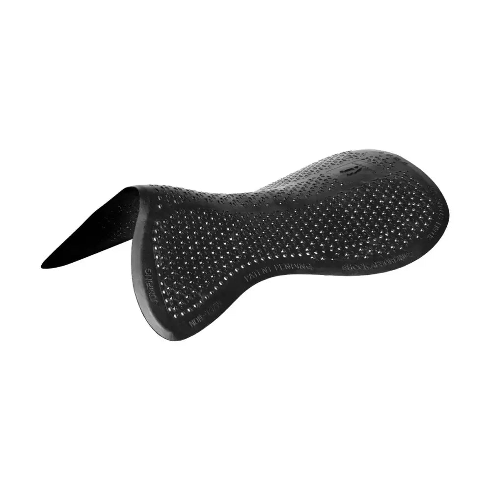 Black rubber horsena jumping slim gel pad with textured perforated surface and contoured design for corrective saddle pads