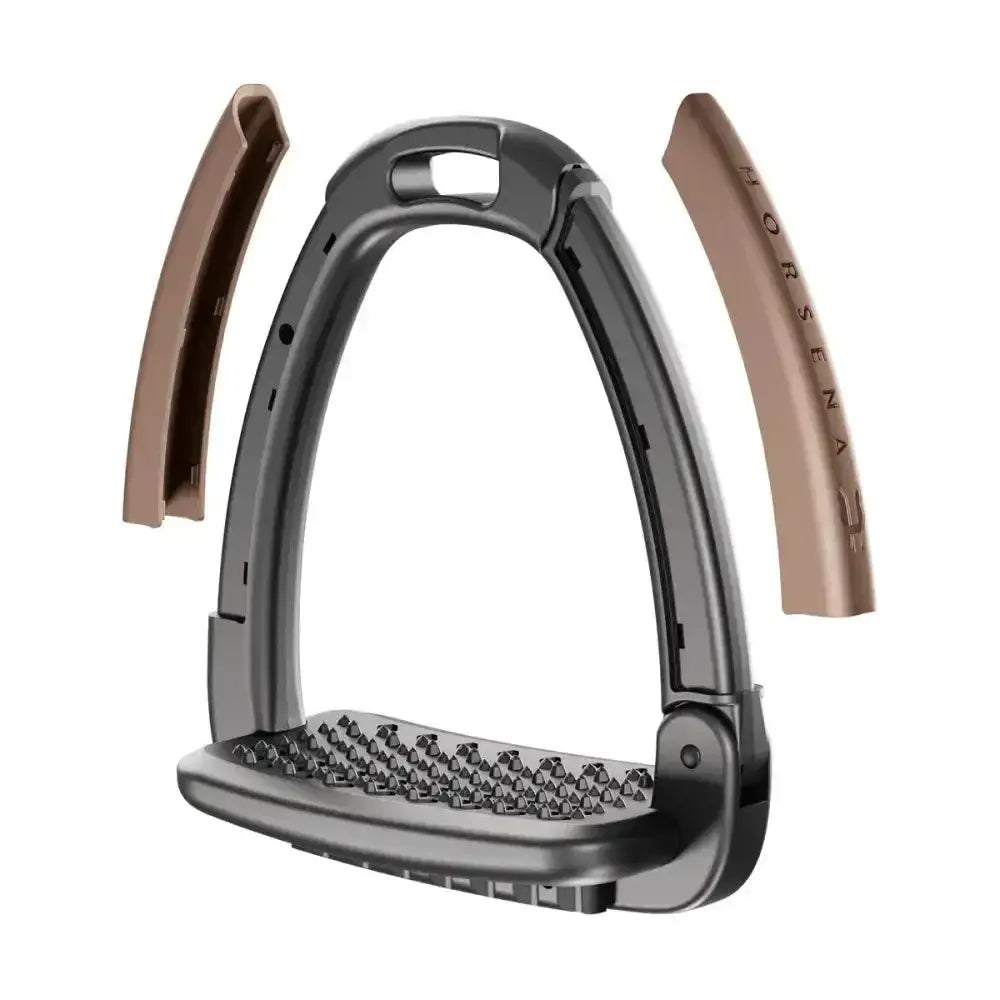 Black metal horsena swap stirrup with tan rubber stirrup extra covers and textured grip surface for better hold
