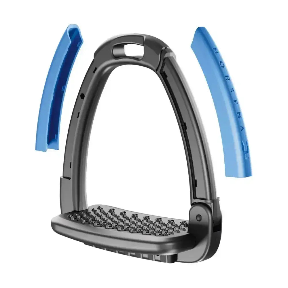 Black metal horsena swap stirrup with blue plastic swap stirrup extra covers and textured grip surface set of 4