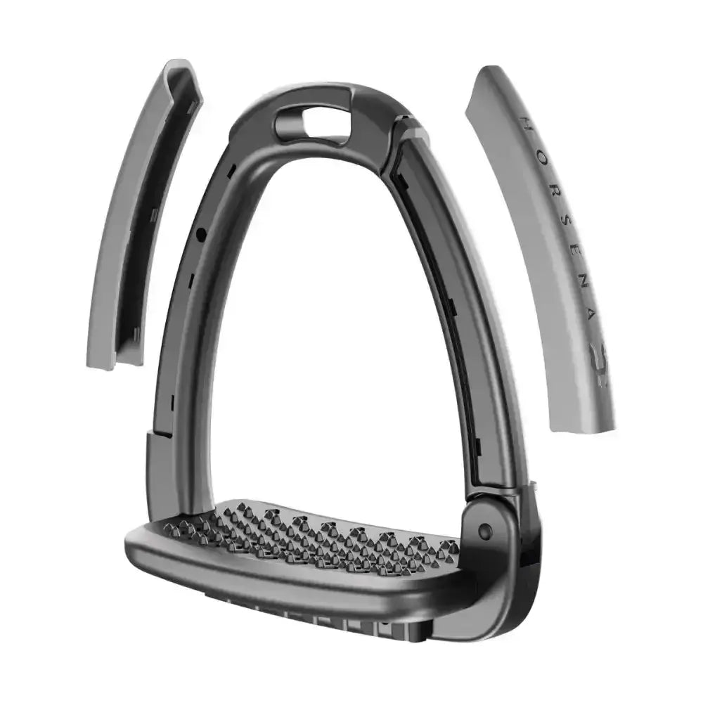 Black metal horsena swap stirrup with textured diamond footpad and adjustable side straps from swap stirrup extra covers set