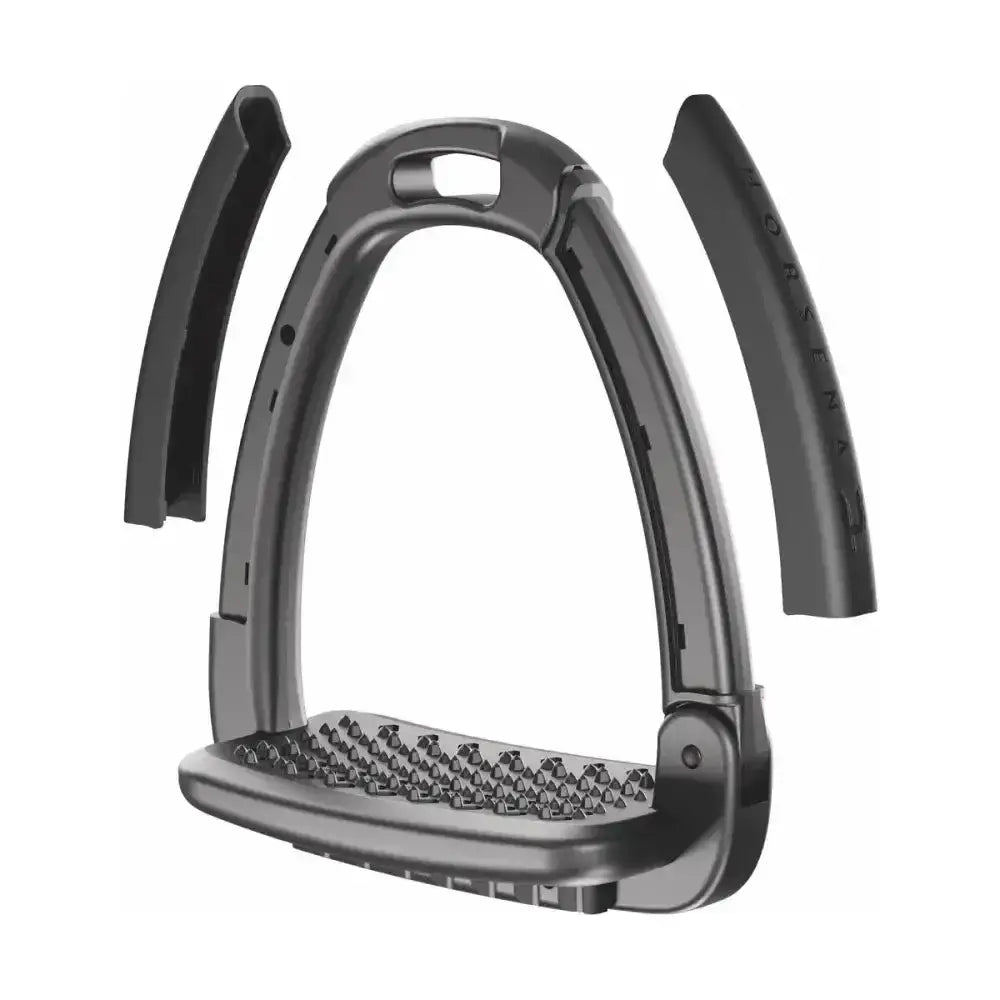 Black plastic horsena swap stirrups with textured grip and two detachable side pads for extra comfort and control