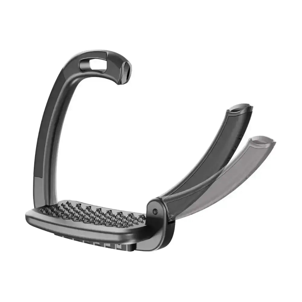 Black metal horsena swap stirrup with textured non slip footpad and adjustable strap for secure riding