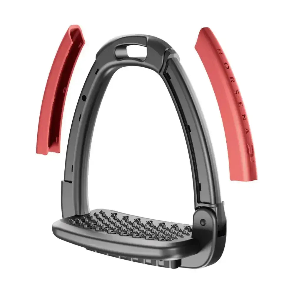 Black horsena swap stirrup with red rubber inserts and diamond textured footplate for secure footing