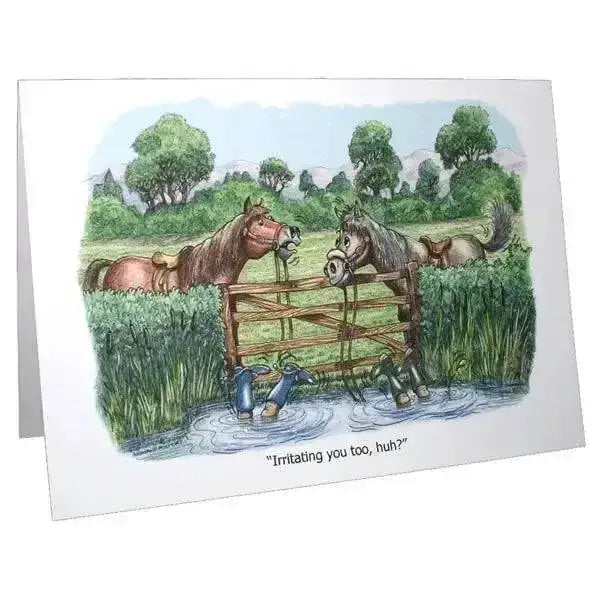 A whimsical horses and ponies greeting card by armand foster featuring two brown and black horses by a wooden fence in a green field perfect fun equestrian cards blank equestrian themed