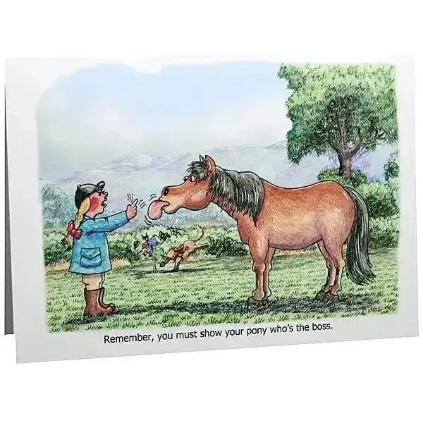 A whimsical horses and ponies greeting card by armand foster showing a girl in blue overalls with a brown pony in a pastoral scene