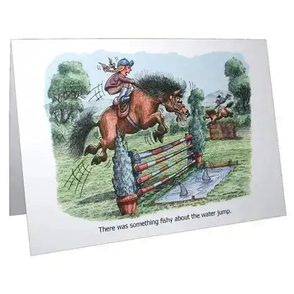 A fun equestrian card by armand foster showing a cartoon horse and rider jumping over shark fins blank inside ponies greeting cards