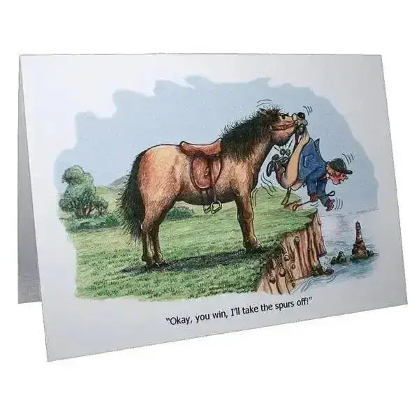 A fun equestrian card featuring a brown horse with black mane on grass near water from horses and ponies greeting cards by armand foster