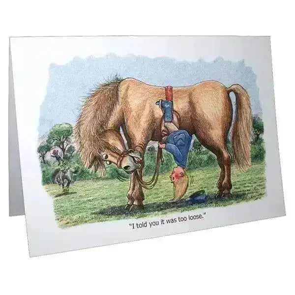 A fun equestrian card by armand foster with a cartoon brown horse and rider in blue overalls on a pastoral background
