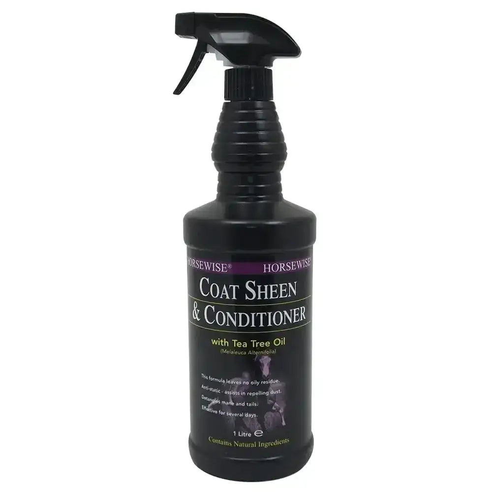 Black plastic spray bottle of horsewise coat sheen and conditioner with tea tree oil for glossy horsewise coat care
