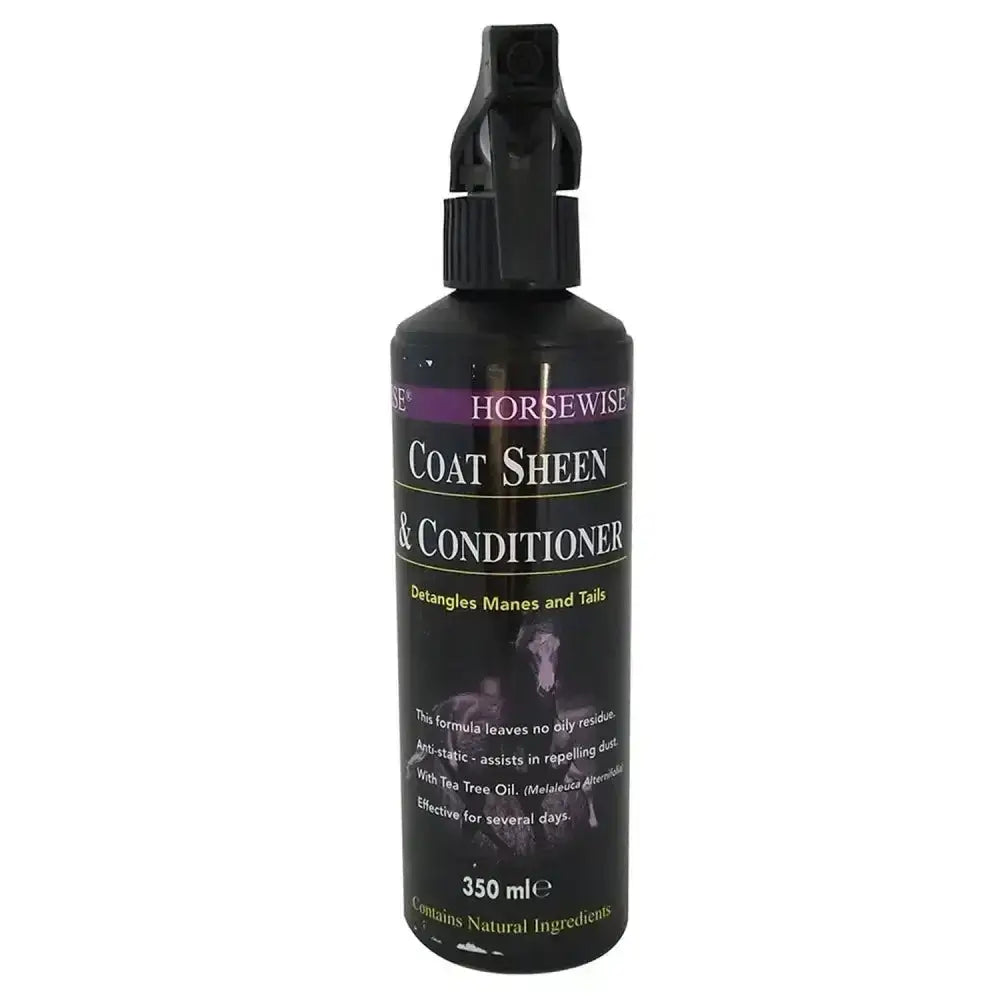 Black plastic spray bottle of horsewise coat sheen and conditioner spray 350ml for a shiny coat sheen