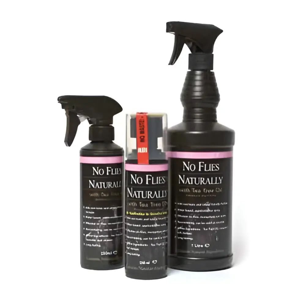 Three black spray bottles with pink labels and nozzles of horsewise no flies naturally fly sprays with active ingredient