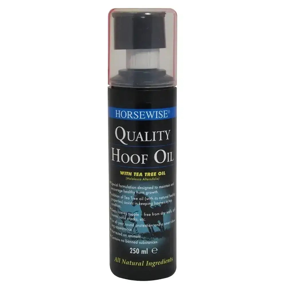 Black cylindrical bottle of Horsewise quality hoof oil with clear pump and black cap for healthy horn care 250 ml