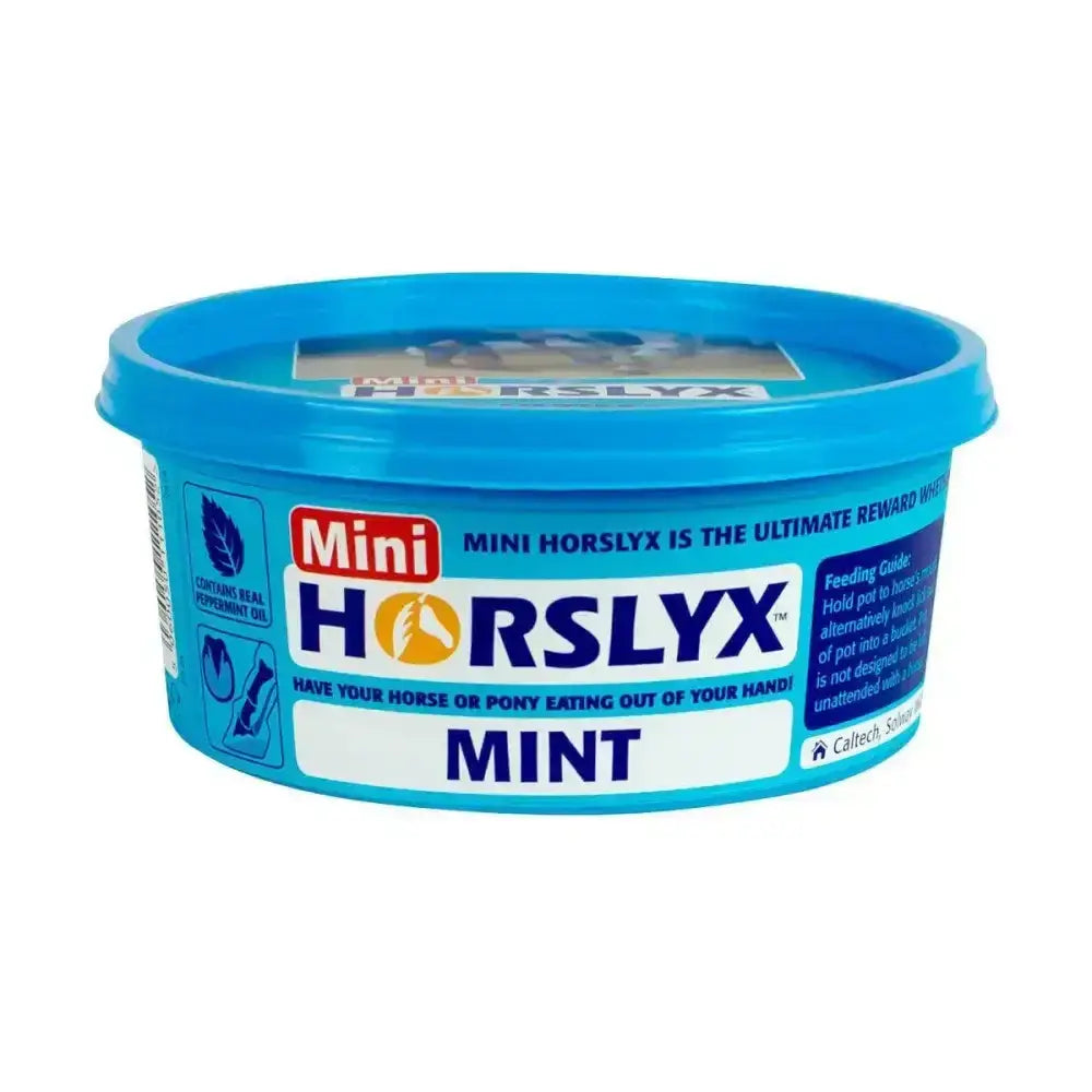 Blue plastic container of horslyx mint balancer mini horslyx mint balancer horse treat for optimum lung support