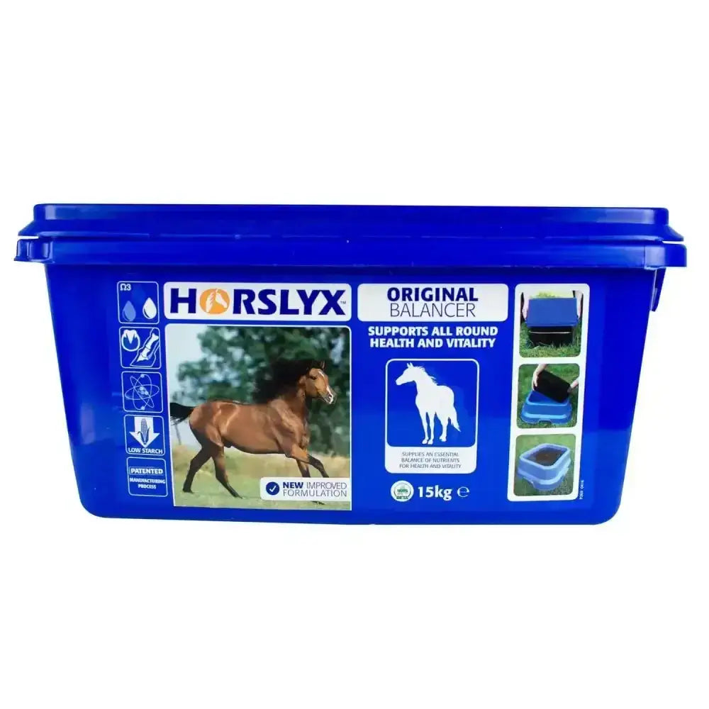 Blue plastic container of horslyx original balancer nutrient rich lick for horses weighing 15kg