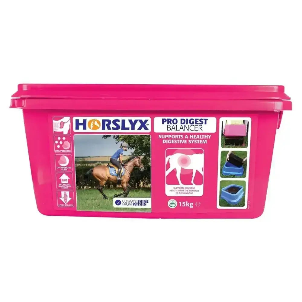 Bright pink plastic container of horslyx pro digest balancer horse lick for easy feeding and digestive support