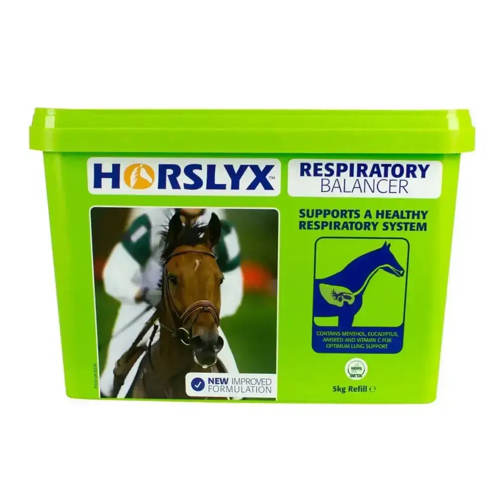 Bright green plastic container of horslyx respiratory balancer horse lick 5kg refill for horse health support