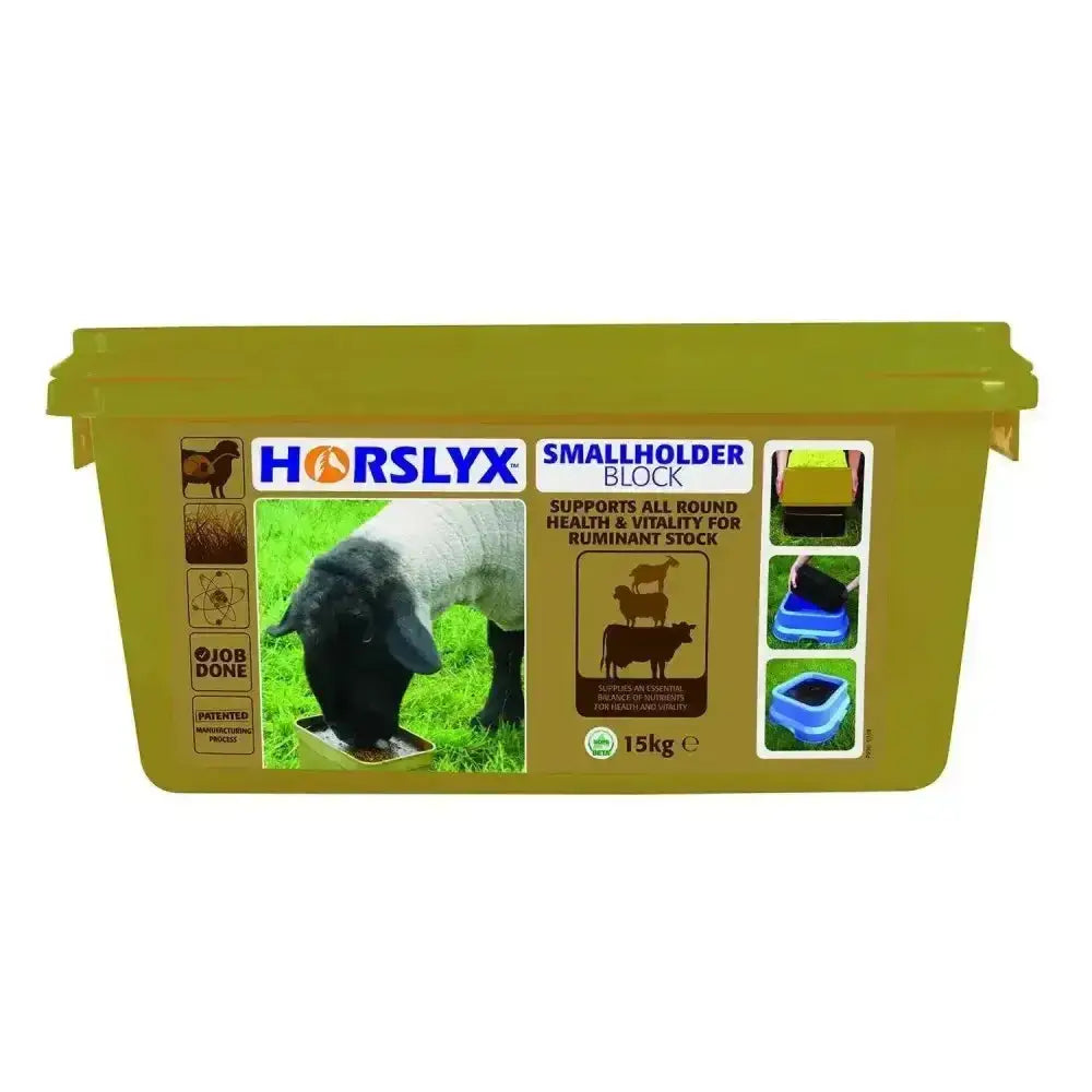 Olive green plastic container holding a 15kg horslyx smallholder block smallholders mineral block for livestock